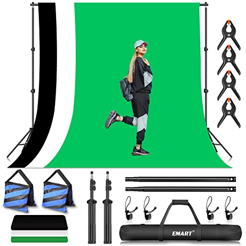EMART Fotostudio Hintergrund Ständer Set mit Stoff, Hintergrundsystem 2m×3m mit Foto Hintergrund 1,8m×2,8m (Schwarz, Weiß und Grün) für Produkt Porträt YouTube Video Fotografie von EMART