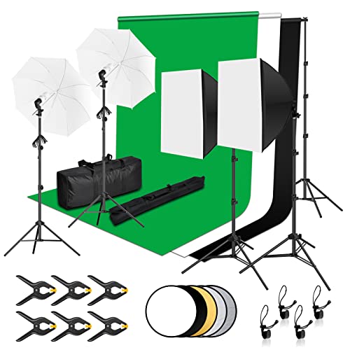 EMART Fotostudio Set, 2,6M x 3M Fotostudio Hintergrundsystem mit 3 Hintergrund Fotografie + Ständer + Softbox Set + Reflektor 5 in 1 + Regenschirme für Fotostudio Produkt Porträt Video Fotografie von EMART