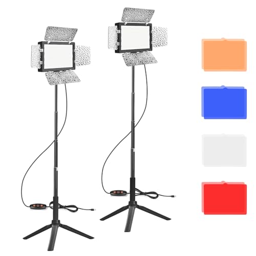 Upgraded 2 Packs LED Video Licht, EMART Dimmbare Studioleuchten mit Barndoor und 4 Farbfiltern, 5500K 66 LED Fotografie Beleuchtung für Table Top Photo Video Streaming Shooting von EMART