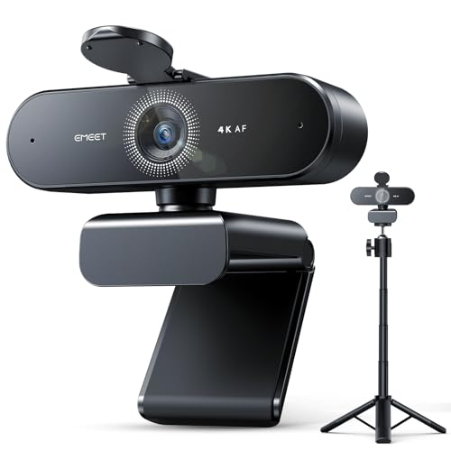 EMEET Webcam 4K, NOVA 4K Webcam mit Stativ, 2 Mikrofon mit Rauschunterdrückung, Ultra HD Webcam mit 73° Weitwinkel und Objektivabdeckung, PDAF Automatische Lichtkorrektur, Webcam für Mac, Laptop von EMEET