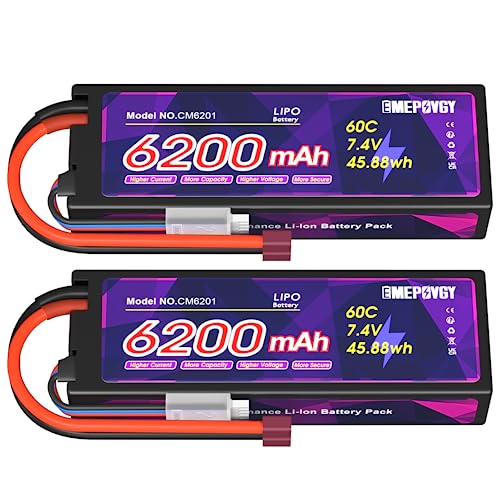 EMEPOVGY 7,4V Lipo Akku 2S 6200mAh 60C RC Batterie Pack mit Deans T Steck Hardcase für RC Auto Boot LKW Heli Flugzeug (2 Packungen) von EMEPOVGY