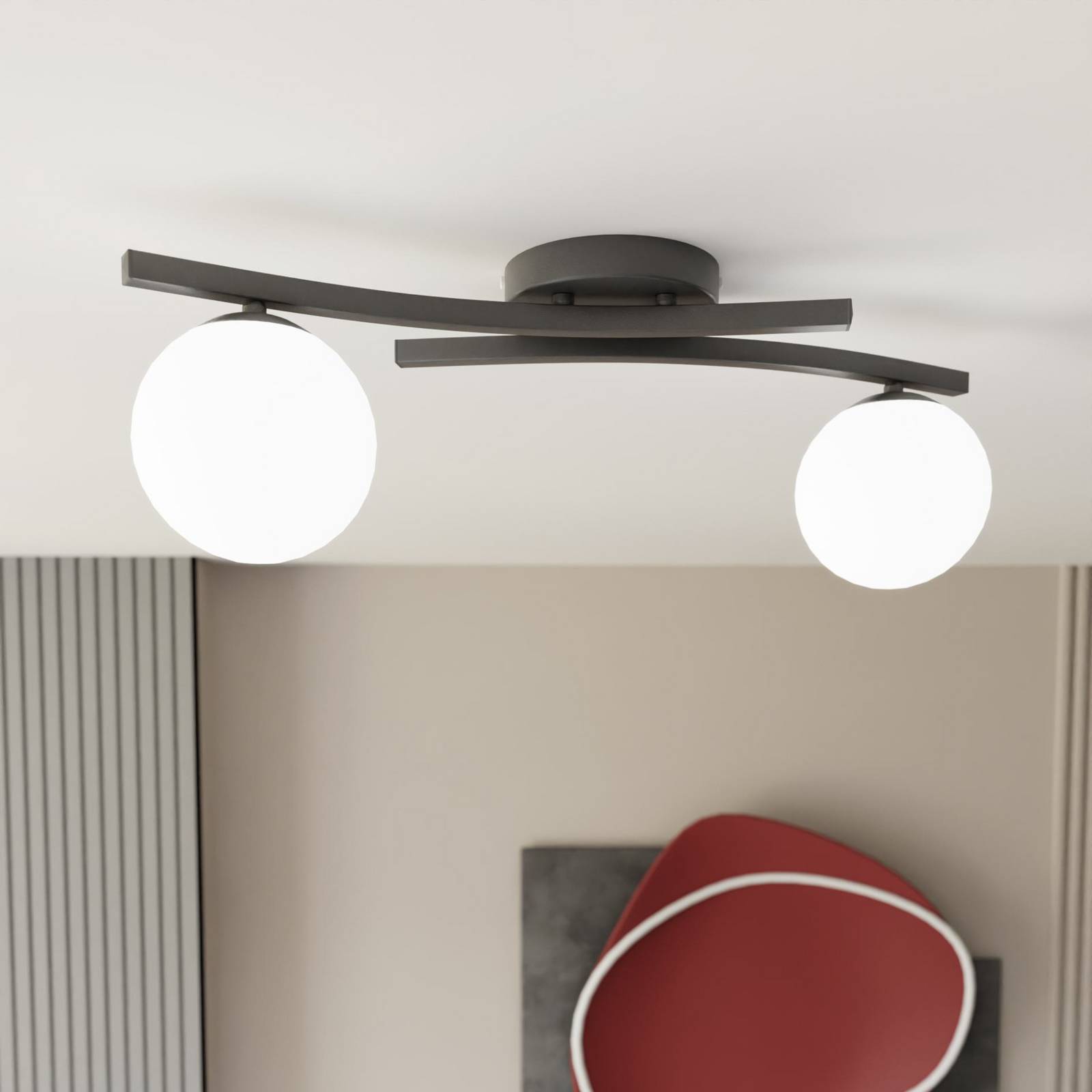 Deckenlampe Opus, Länge 60 cm, opal/schwarz, Glas, 2-flg. Deckenlampe Opus, Länge 60 cm, opal/schwarz, Glas, 2-flg. von EMIBIG LIGHTING