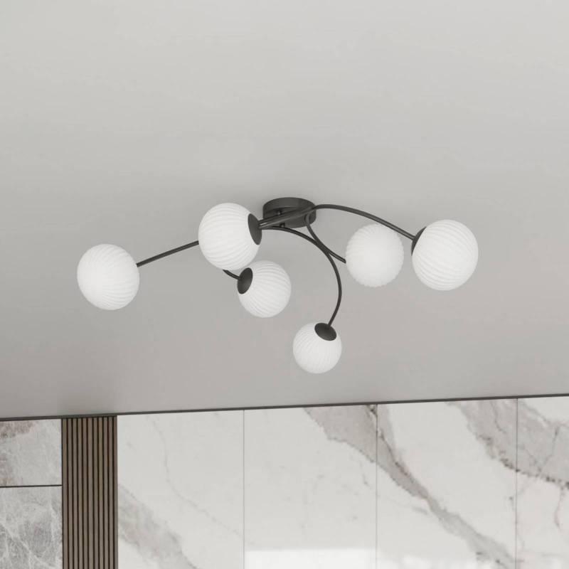 Deckenlampe Vibra, opal/schwarz, Länge 97 cm, Glas, 6-flg. von EMIBIG LIGHTING