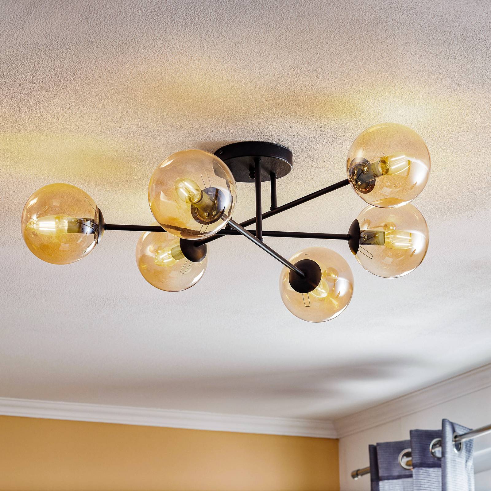 Deckenleuchte Glassy, schwarz, amber, Glas, 6-flg., E14 Deckenleuchte Glassy, schwarz, amber, Glas, 6-flg., E14 von EMIBIG LIGHTING
