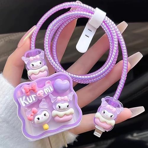EMOH ROCED 3D 2 Stück Cartoon Ladegerät Schutzfolie für iPhone 18W 20W iPhone 14 13 12 11 Pro Max Ladekabel Charger Head Cover Kabel Zubehör Datenkabel Schutzhülle (Lila Kuromiii) von EMOH ROCED