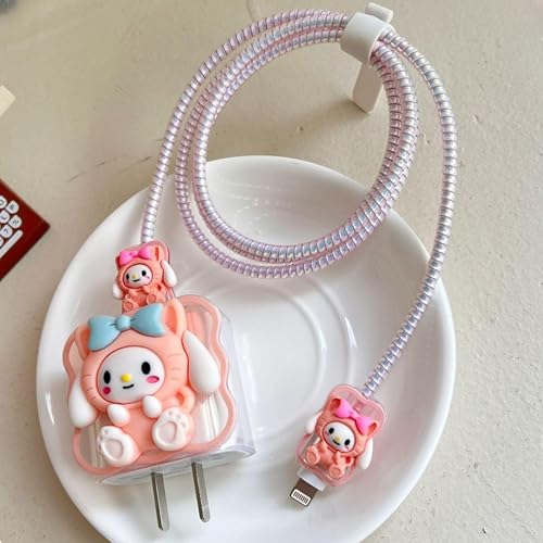 EMOH ROCED Spiral Kabelschutz mit Schutzhülle für iPhone Ladegerät 18W & 20W, 5 in 1 Ladegerät Schutzhülle, Full Datenkabelschutz Sleeve, Cord Saver, Kabel & Adapter (Pink Teddy) von EMOH ROCED