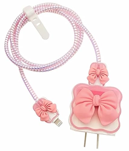 EMOH ROCED Spiralkabelschutz mit Schutzhülle für iPhone Ladegerät 18W & 20W, 5 in 1 Ladegerät Schutzhülle, Full Datenkabelschutz, Cord Saver, Kabel & Adapter - (Rosa Schleife) von EMOH ROCED