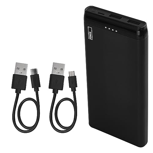 EMOS ALPHA Slim Powerbank 10000mAh mit USB-C und micro USB Kabel, Externer Akku / Ladegerät mit PASSthrough, Ausgang 2x USB, Eingang micro USB, Auto ON/OFF, für Handy, Tablet, iPhone, Galaxy, Huawei von EMOS