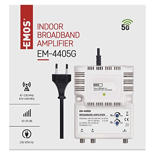 EMOS Breitband-Verstärker 25 dB (Frequenzbereich 47–230 MHz, 470–698 MHz) für DVB-T2, Kabelfernsehen oder Antennen, 1 Eingang, 2 Ausgänge, 10,5 x 13,5 x 4 cm von EMOS