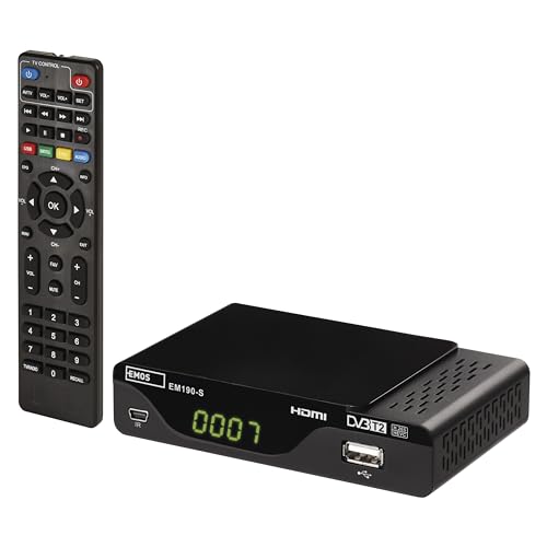 EMOS DVB-T2 HD Receiver H.265 HEVC mit USB, HDMI, SCART und Koaxial-Anschluss, Fernbedienung und Infrarot-Sensor, PVR, Mediaplayer und EPG Funktion, 1080p von EMOS