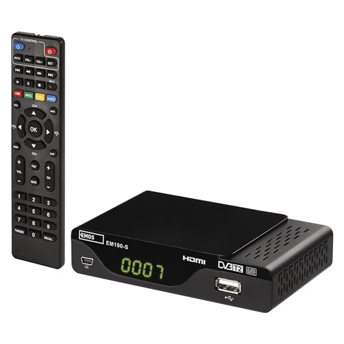 EMOS DVB-T2 HD Receiver H.265 HEVC mit USB, HDMI, SCART und Koaxial-Anschluss, Fernbedienung und Infrarot-Sensor, PVR, Mediaplayer und EPG Funktion, 1080p EMOS DVB-T2 HD Receiver H.265 HEVC mit USB, HDMI, SCART und Koaxial-Anschluss, Fernbedienung und Infrarot-Sensor, PVR, Mediaplayer und EPG Funktion, 1080p von EMOS