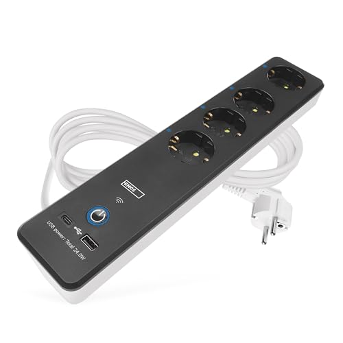 EMOS GoSmart - 4fach Steckdosenleiste mit WiFi und App - 2m Smart Home WLAN Steckerleiste Schuko mit 2 USB Ports (USB-C, USB-A), Schalter, Wattmeter und Timer - kompatibel mit Alexa, Google Assistant von EMOS
