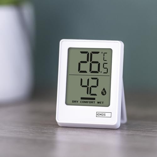 EMOS Innen-Thermometer und Hygrometer, batteriebetrieben (inkl. CR2032), Innentemperatur °C/°F, Messbereich -10 °C bis +50 °C, Komfortsymbolik für Innenluftfeuchtigkeit von EMOS