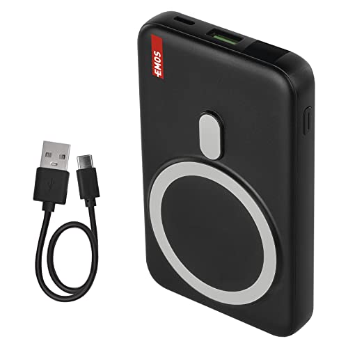 EMOS Mini Wireless Powerbank 10000 mAh, 22,5W + Magnetisch 15W, Externer Akku/Ladegerät WI1023D, Fast-Charging, Passthrough, Output USB-A + USB-C, Input USB-C, inkl. Ladekabel 3A und Ständer von EMOS