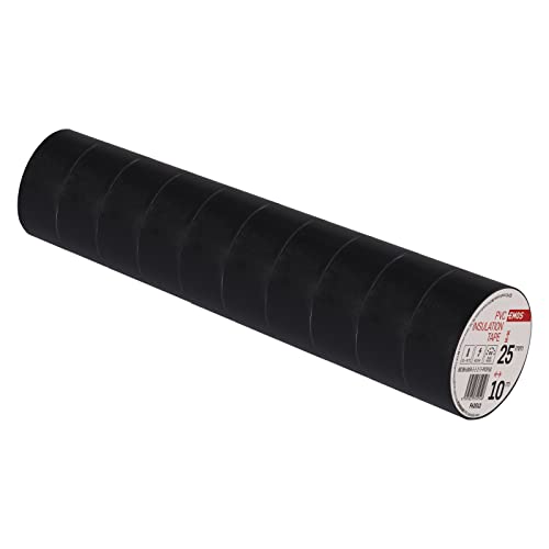 EMOS PVC-Isolierband Schwarz 10er Pack, 25mm x 10m, 0,13mm Bandstärke, selbstklebend, hohe Spannungsfestigkeit und Anwendungstemperaturbereich, UV-beständig, wasserdichte Verbindung, ohne Textilgewebe von EMOS