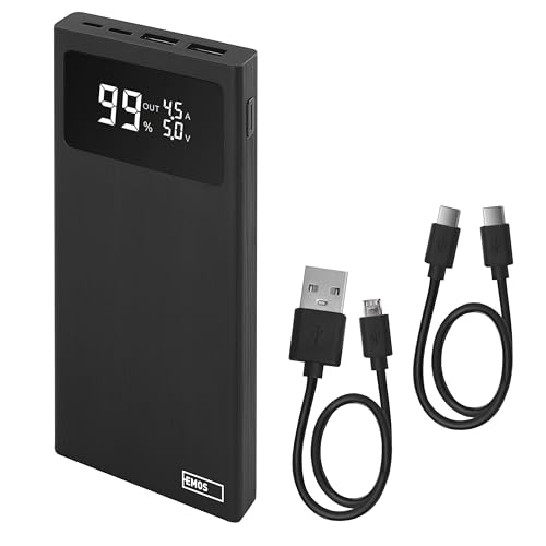 EMOS Powerbank BetaQ 10000mAh, 22,5 W Quick-Charge externer Akku/Ladegerät mit Passthrough und Display, 3X Output + 2X Input, inkl. Datenkabel USB/USB-C, Auto ON/Off, schwarz von EMOS