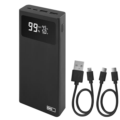 EMOS Powerbank BetaQ 20000mAh, 22,5 W Quick-Charge externer Akku/Ladegerät mit Passthrough und Display, 3X Output + 2X Input, inkl. Datenkabel USB/USB-C, Auto ON/Off, schwarz von EMOS