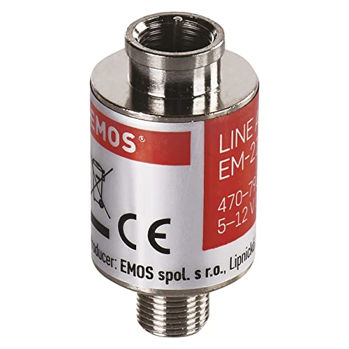 EMOS Satelliten-Leitungsverstärker Inline 20 dB (Frequenzbereich 470–790 MHz) für DVB-T2, Kabelfernsehen oder Antennen J5709 Silbern 2 x 4,2 cm von EMOS