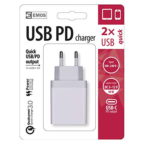 EMOS USB C Ladegerät Quick 3A, 30W, Power Delivery und Qualcomm Ladeadapter QC 3.0, PD mit 2X USB-Ports: USB-C und USB-A, für Smartphone, Kamera, Handy, Tablet, V0120 Weiß von EMOS