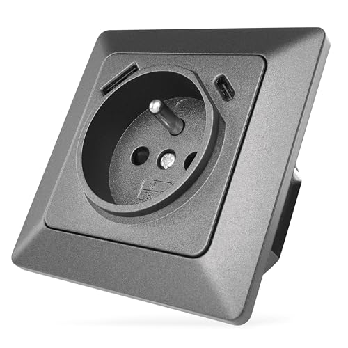 EMOS - Unterputz-Steckdose in French-Standard mit 2 USB-Ports (Typ A und Typ C) - Wandsteckdose für Handy oder Smartphone Laden - 250V Steckdose und PD Fast Charge 5V/3A - schwarz von EMOS