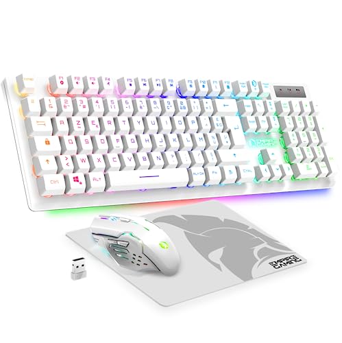 Empire Gaming - Armor RF800 Pack Clavier Souris Gaming sans Fil AZERTY (Français-Layout) RGB Avec Tapis de Souris -Clavier 2.4G -Souris 4800 DPI -PC PS4 PS5 Xbox One/Series Mac - Blanc von EMPIRE GAMING