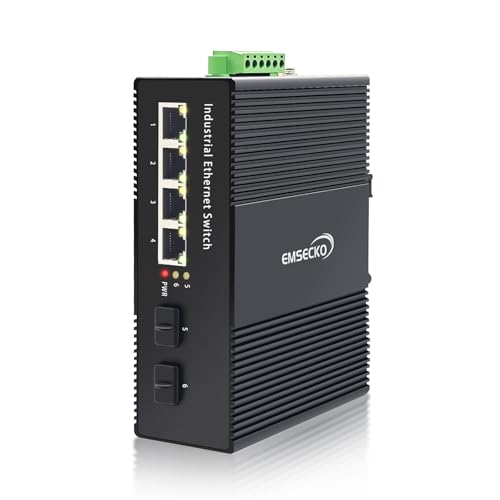EMSECKO Industrieller 6-Port Gigabit PoE+ Switch, 4X RJ45 & 2X SFP Glasfaser-Ports, 120W Leistungsbudget, DIN-Schienen-Montage, -40°C bis 85°C Betriebstemperatur, Ideal für Industrieumgebungen von EMSECKO