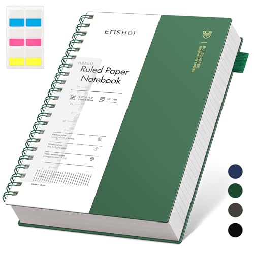 EMSHOI A4-Notizbuch, liniert, 300 Seiten/150 Blatt, Spiralblock, 100 g/m² dickes Papier, wasserdichtes Softcover, Schreibtagebuch für Damen und Herren, Arbeit, Büro, Schule, 21,5 x 27,9 cm, Dunkelgrün von EMSHOI