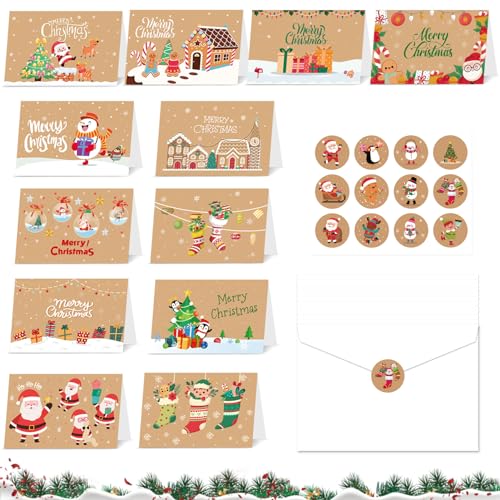 Weihnachtskarten mit Umschlag,12 Stück Weihnachtskarten mit Umschlägen und Aufkleber Weihnachten Karten Klappkarten für Weihnachten Weihnachtspostkarten - Weihnachten für Freunde und Familie von ENAIAH