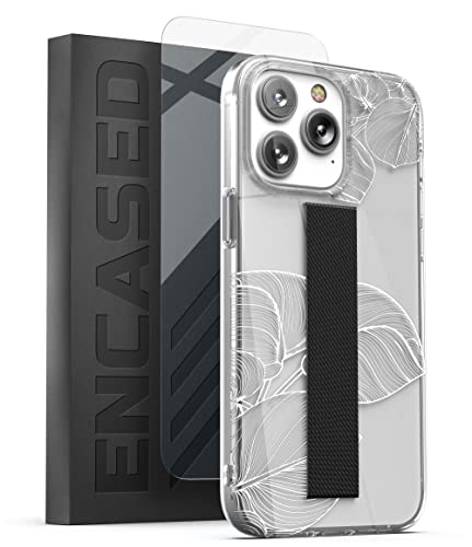 Encased Fingergriff Hülle für iPhone 14 PRO Hülle mit Handschlaufe und Displayschutzfolie (Stretch Loop Ring Handyhalterung) Weiß Spitze Blatt von Encased