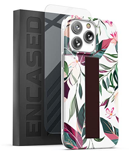 ENCASED Handschlaufe Hülle für iPhone 14 PRO Hülle mit Band und Displayschutzfolie aus gehärtetem Glas (Maroon Green Leaf) von ENCASED