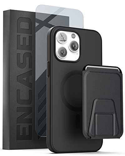 ENCASED MAG SlimShield mit Kartenhalter für iPhone 14 PRO Magnetische Hülle mit Displayschutzfolie (3-in-1) Kompatibel mit MagSafe, Flip Kickstand Wallet (Schwarz) von ENCASED