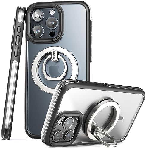 ENCASED Mag-Air Hülle entworfen für iPhone 15 PRO MAX mit Fingerring Grip Media Ständer, Air-Bumper Technologie (kompatibel mit MagSafe) transparent/schwarz von ENCASED