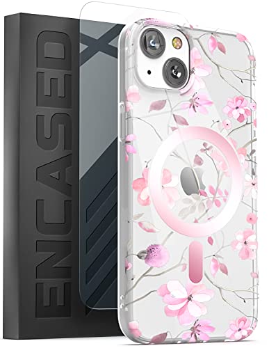 ENCASED Magnetische Schutzhülle für iPhone 14 Plus, mit Displayschutzfolie, kompatibel mit MagSafe Handy-Zubehör (rosa Blumen) von ENCASED