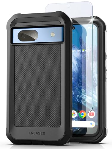 ENCASED Rugged Case für Google Pixel 8a mit Displayschutzfolie (gehärtetes Glas) Ultra schützende, stoßfeste Ganzkörper-Hybrid-Abdeckung (2024 Release) Schwarz von ENCASED