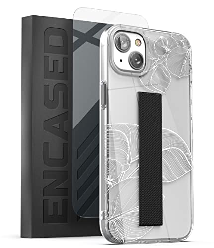 ENCASED Schutzhülle für iPhone 14 mit Fingerschlaufe, mit Tragegurt und Displayschutzfolie (transparent/weißes Spitzenblatt) von ENCASED