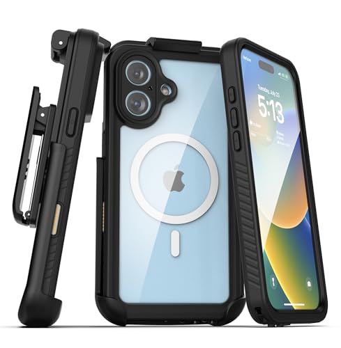 ENCASED Schutzhülle für iPhone 16 Plus, wasserdicht, mit Gürtelclip, Holster [Militärqualität], stoßfest, Ganzkörper-Handyhülle mit integriertem Displayschutz (kompatibel mit MagSafe), transparent von ENCASED