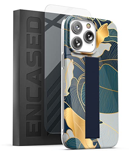 ENCASED Schutzhülle mit Fingerschlaufe, entworfen für iPhone 14 Pro Max, mit Fingerschlaufe und Displayschutzfolie (Einzelhandelsverpackung), Blau/Blattgold von ENCASED