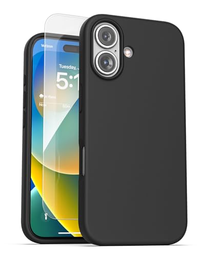 ENCASED Soft Touch für iPhone 16 Silikon Hülle mit Displayschutzfolie (MagSafe kompatibel) Ultra Slim Smooth Feel Phone Cover (Schwarz) von ENCASED