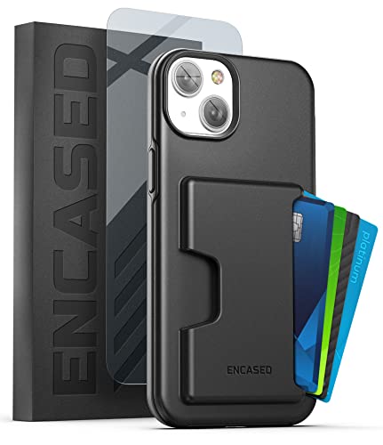 ENCASED Stoßfeste Schutzhülle für iPhone 14, mit Kartenhalter und Displayschutzfolie (4 Kreditkarten/Ausweise), Schwarz von ENCASED