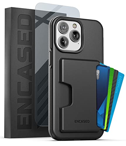 ENCASED Stoßfeste Schutzhülle für iPhone 14 Pro Max mit Kartenhalter und Displayschutzfolie (4 Kreditkarten/Ausweise) – Schwarz von ENCASED