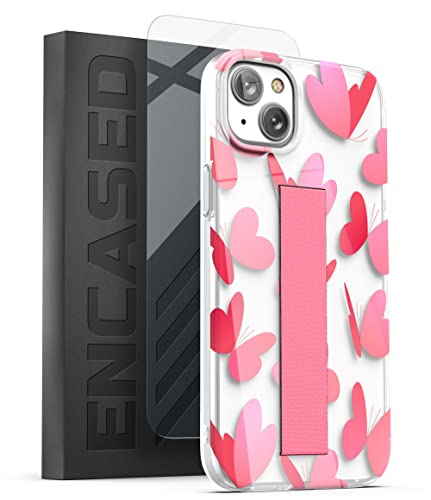 Encased Bando Series Designed for iPhone 14 Clear Case with Design and Hand Strap Grip (Screen Protector Included) Pink Heart Butterfly von Encased