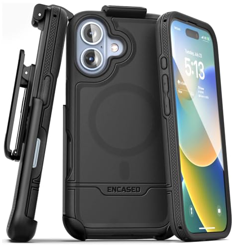 Encased Rebel-Armor Schutzhülle für iPhone 16 mit Gürtelclip, (kompatibel mit MagSafe), robuste magnetische Hülle mit Handy-Holster (Schwarz) von ENCASED