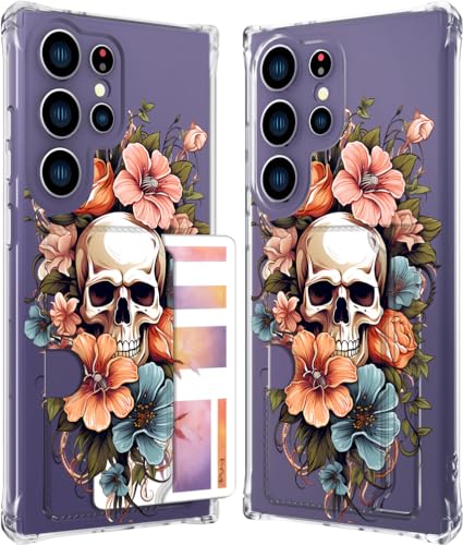 ENDIY Schutzhülle für Damen, kompatibel mit Samsung Galaxy S24 Ultra, mit Kartenfächern, niedliches Handyhüllen, klares Design, transparenter Schutz, Totenkopf und Blumen ENDIY Schutzhülle für Damen, kompatibel mit Samsung Galaxy S24 Ultra, mit Kartenfächern, niedliches Handyhüllen, klares Design, transparenter Schutz, Totenkopf und Blumen von ENDIY