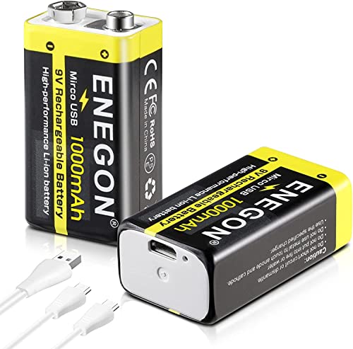ENEGON 2 x 9 V wiederaufladbare Batterien, 1000 mAh mit USB-Ladekabel Typ C 2-in-1, Li-Ion-Akkus 6F22, 9 V, hohe Kapazität für Rauchmelder, Spielzeug, Mikrofone, Walkie-Talkies und mehr von ENEGON