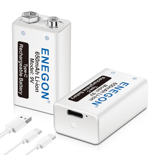 ENEGON 9V Block 650mAh Li-ion 6F22 Wiederaufladbare Batterie mit 2-in-1-Micro-USB-Kabel Ladegerät für Mikrofon, Rauchmelder, elektronisches Spielzeug, Walkie-Talkie und andere Geräte (2 Stück) von ENEGON