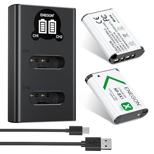 ENEGON Akku NP-BX1 (1300mAh 2-Pack) und LCD-Ladegerät passend für Sony NP-BX1 und Sony ZV-1, Cyber-Shot DSC-RX100, DSC-RX100 II/III/M4/M5/M6/M7/Ⅳ/Ⅴ/Ⅵ/Ⅵ/Ⅶ/VA, DSC-RX100M II, HDR-CX405 von ENEGON