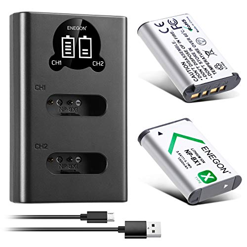 ENEGON Akku NP-BX1 (1300mAh 2-Pack) und LCD-Ladegerät passend für Sony NP-BX1 und Sony ZV-1, Cyber-Shot DSC-RX100, DSC-RX100 II/III/M4/M5/M6/M7/Ⅳ/Ⅴ/Ⅵ/Ⅵ/Ⅶ/VA, DSC-RX100M II, HDR-CX405 von ENEGON