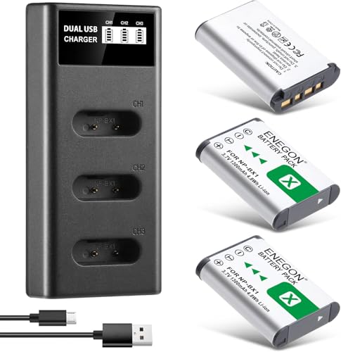 ENEGON Akku NP-BX1 (1300mAh 3-Pack) und LCD-Ladegerät passend für Sony NP-BX1 und Sony ZV-1, Cyber-Shot DSC-RX100, DSC-RX100 II/III/M4/M5/M6/M7/Ⅳ/Ⅴ/Ⅵ/Ⅵ/Ⅶ/VA, DSC-RX100M II, HDR-CX405 von ENEGON