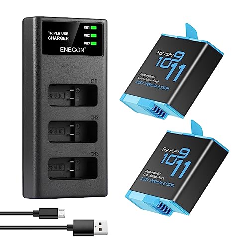 ENEGON Hero 12 11 10 9 Akku (1800mAh 2-Pack) Wiederaufladbare Hero 11 Akku und 3-Kanal-USB LCD Batterieladegeräte voll Kompatibel mit Gopro Hero 12 Hero 11, Hero10, Hero 9 (2X Akkus+1x Ladegerät) von ENEGON