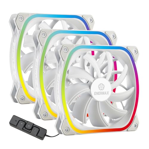 ENERMAX SquA RGB PWM 120 mm ARGB PC-Lüfter mit RGB-Steuerbox 3 Stück– Lufteinlass – Vortex-Rahmen – hoher Luftstrom –300-1.500RPM - Weiß – UCSQARGB12P-W-BP3 von ENERMAX